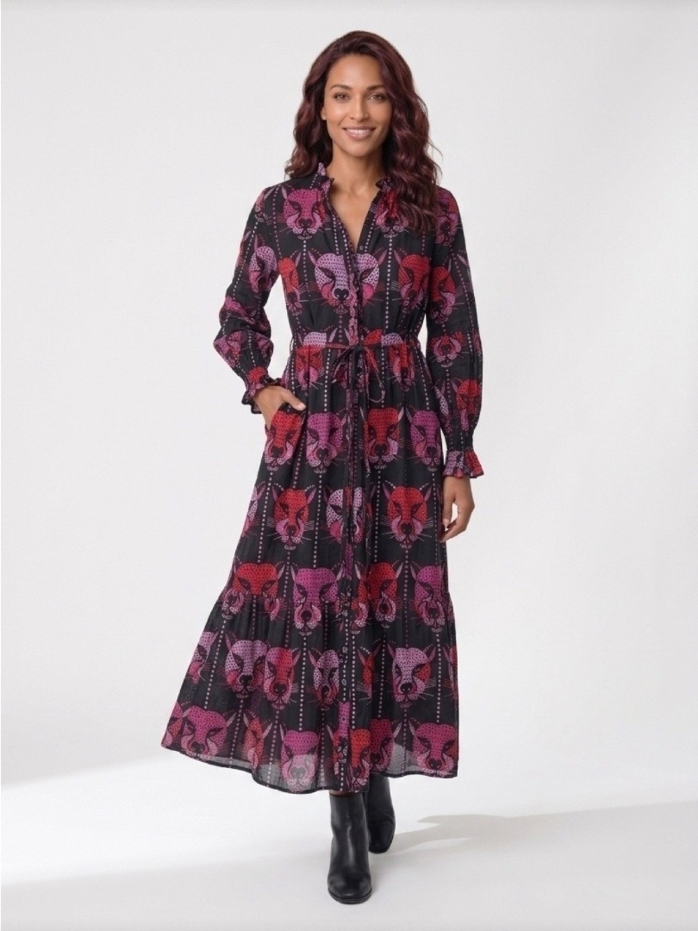 100%Cotton Black Leopard-Print Long Sleeve Midi Dress Sz S